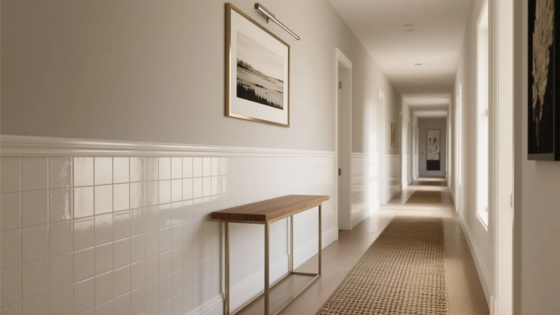 Long hallway with white tile wall panel beige walls wooden console table and long carpet