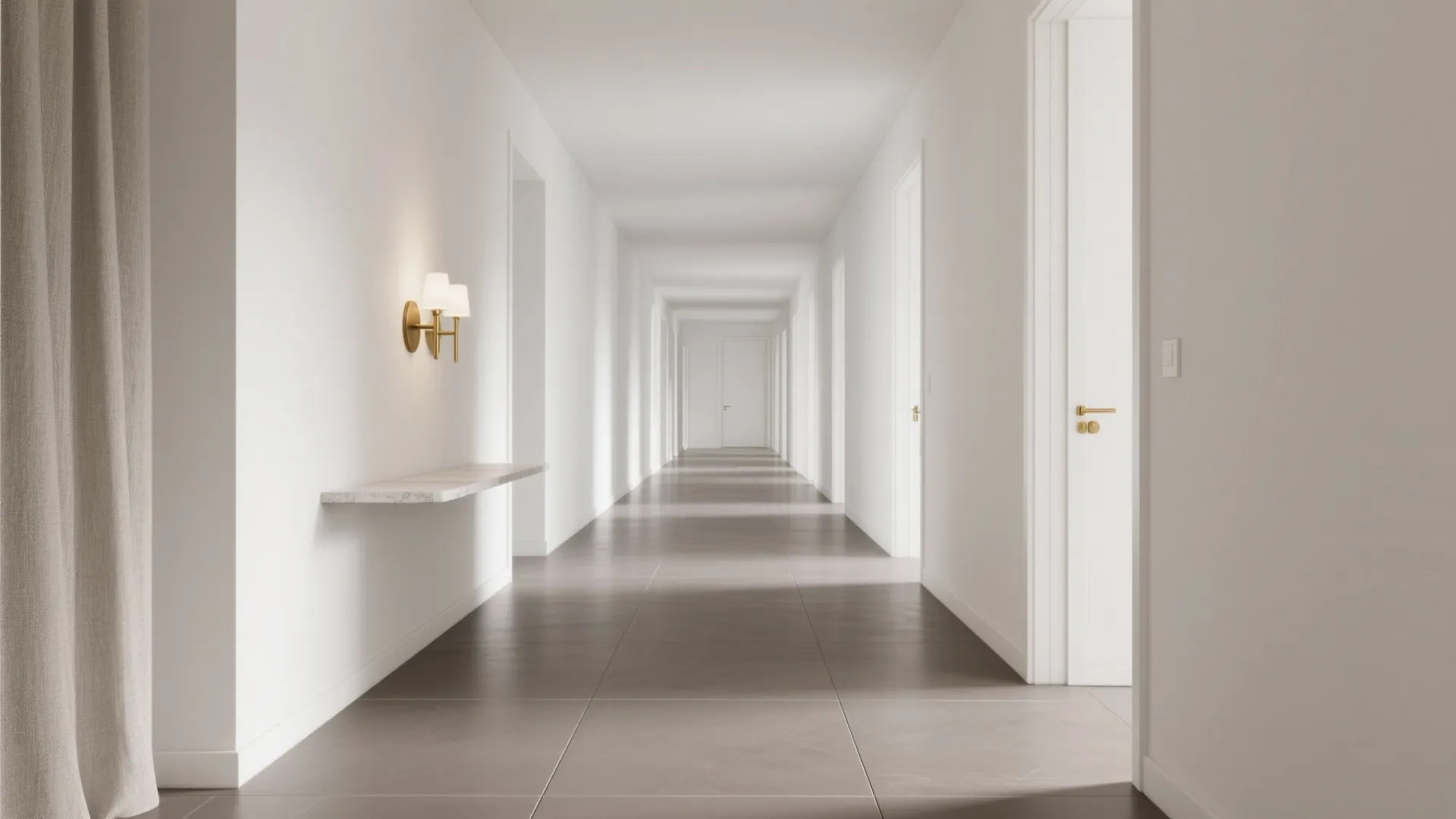 Bright minimalist white hallway with multiple white doors small wall shelf wall light and brown tiles