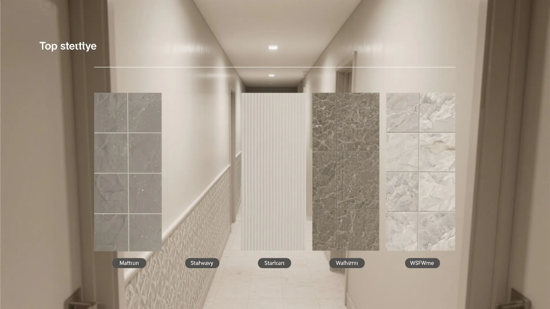 Top-down corridor diagram showing five hall wall tile strategies side by side.