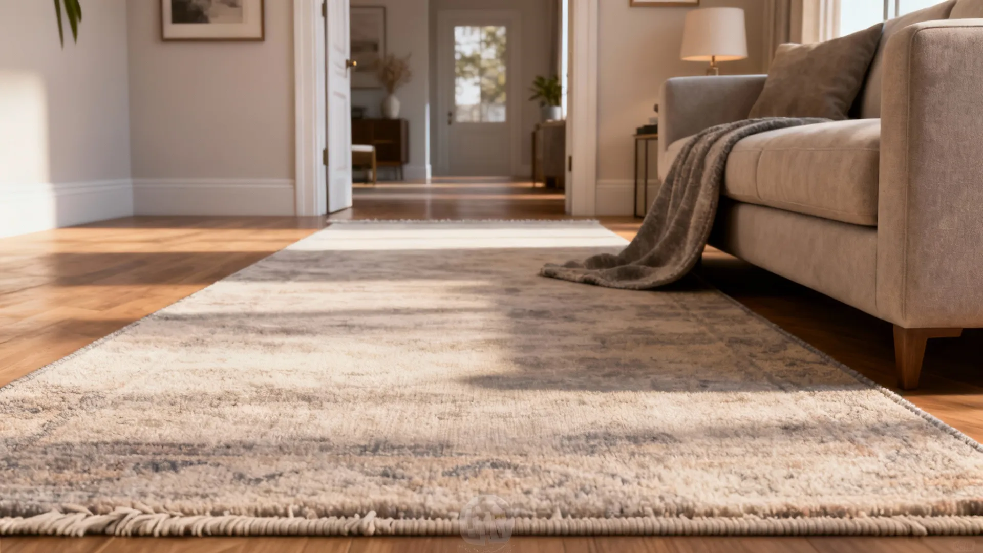 Compact condo with an 8x10 rug partially under the sofa creating a hall-to-living transition