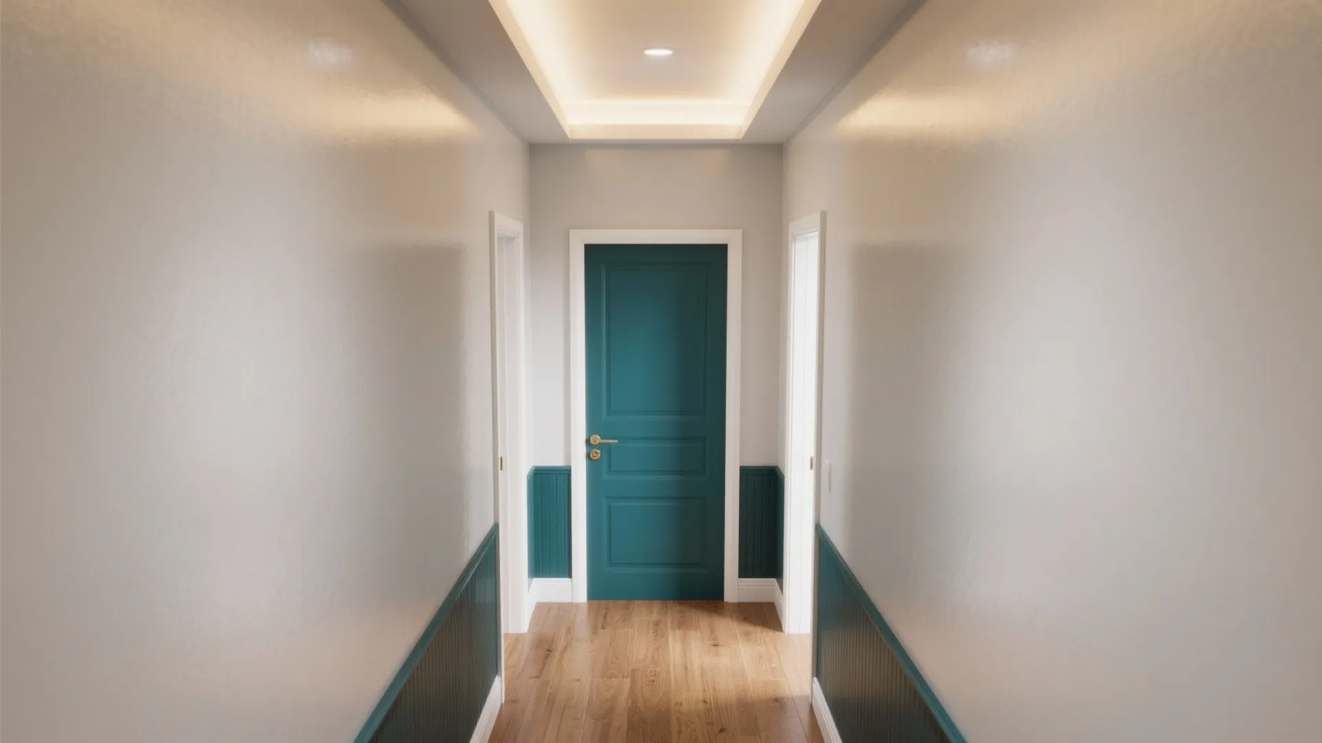 Long white hallway leading towards a green door with matching dark green lower wall panels
