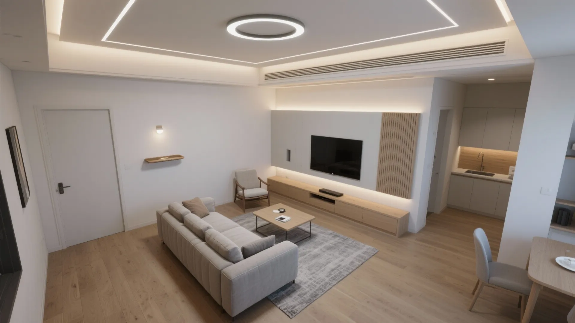 Modern open living room with grey sofa wooden coffee table white wall light and ceiling light