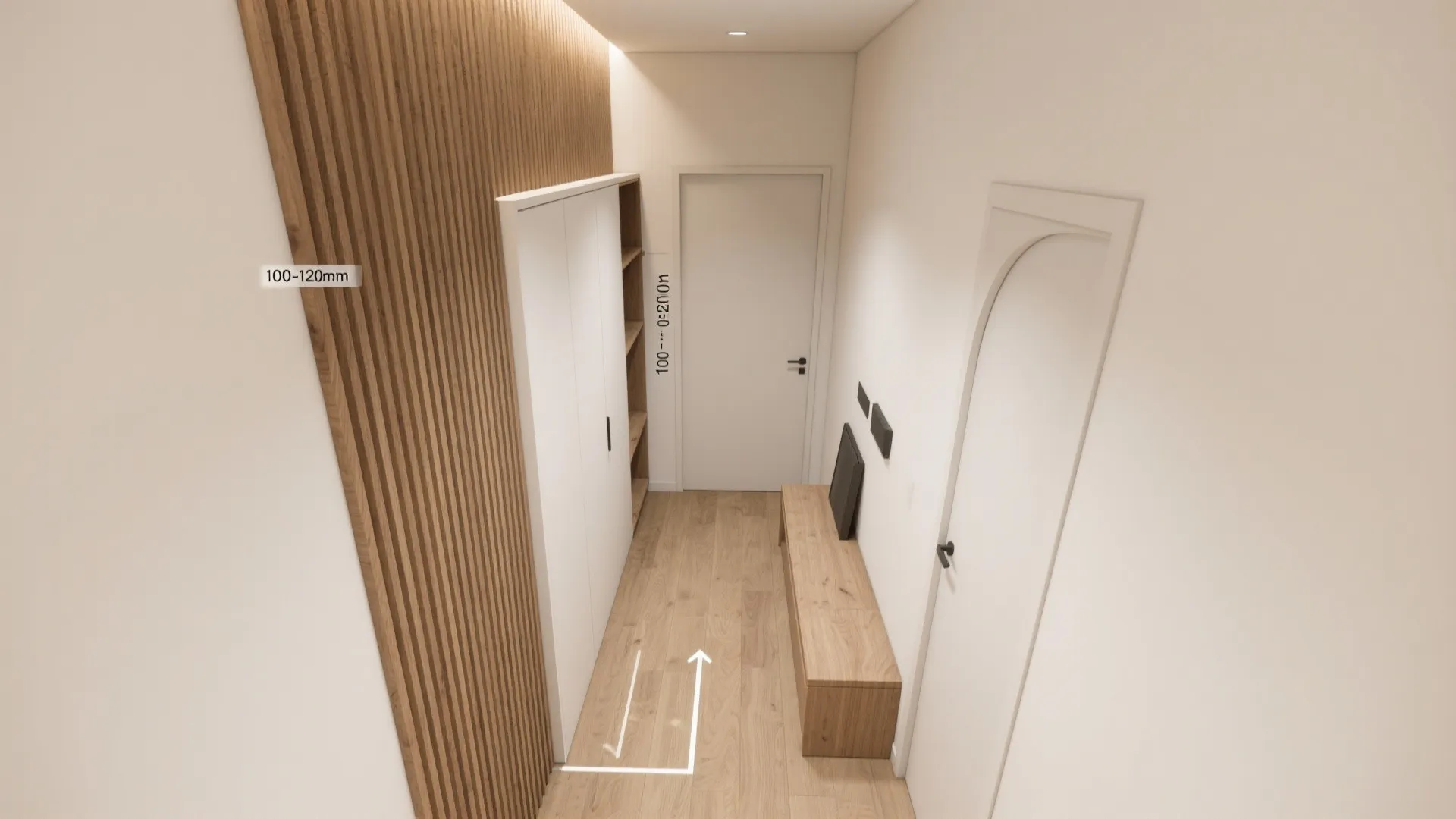 Top-down hallway layout highlighting slatted storage depth and clear circulation.