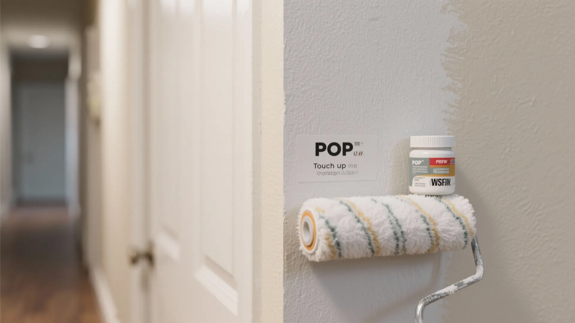 Close up of a paint roller and a small paint bottle on a white wall corner