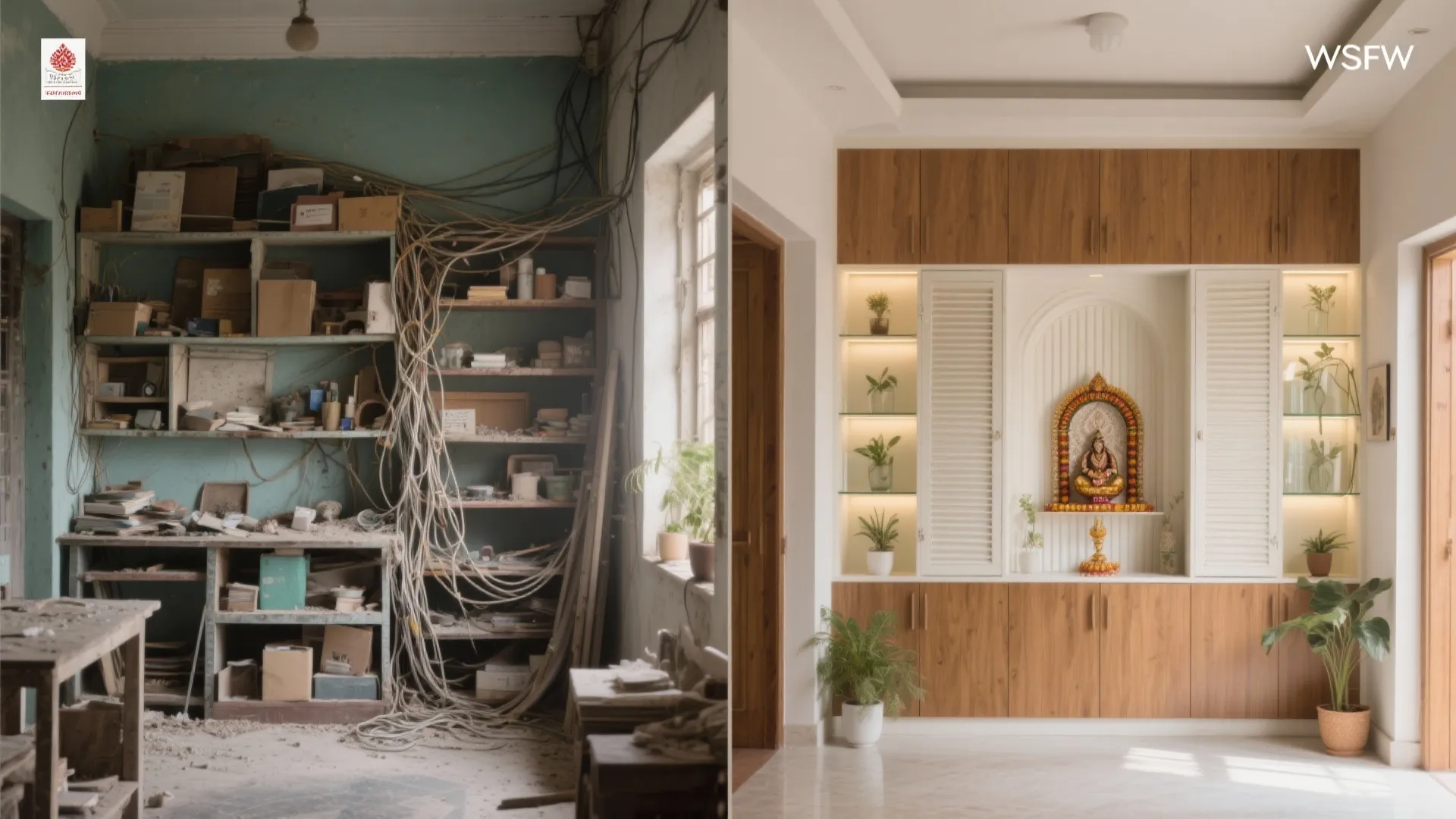 Before-and-after comparison of a messy storage room transformed into a clean wooden storage cabinet area