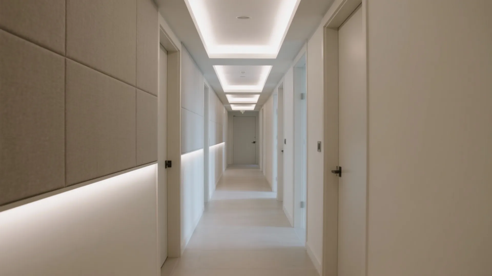 Modern hallway showcasing layered ceiling strategies for light, height, and calm acoustics.