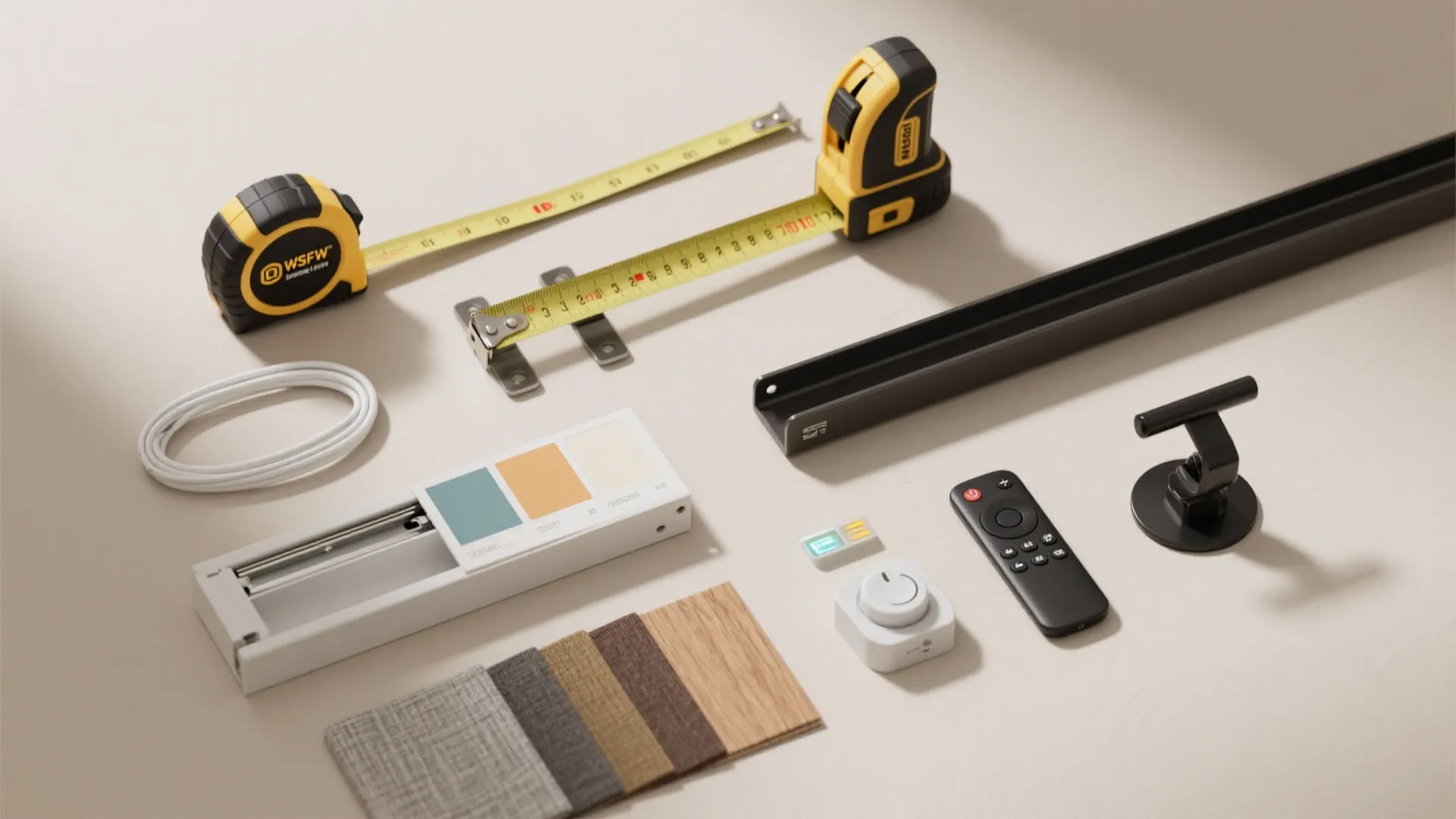 Flatlay of tools and materials for small hall TV setup, including mounts and cable channels.