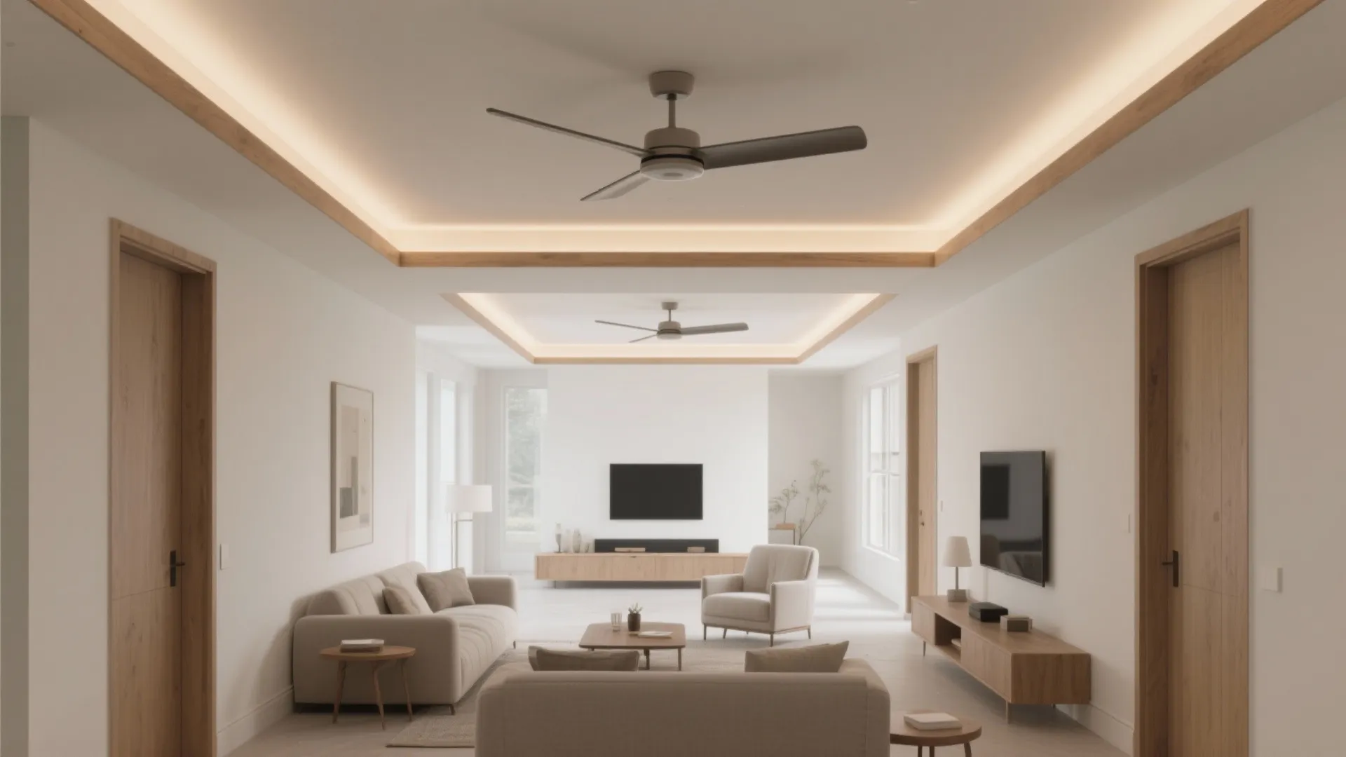 Modern living room with two ceiling fans, warm ceiling lights, beige sofa, and wood doors