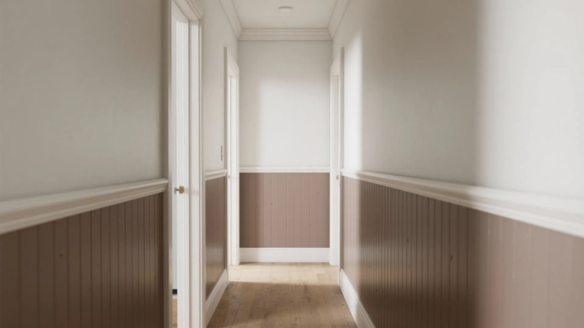 Bright hallway featuring brown vertical wall panel white walls wooden floor and several white doors