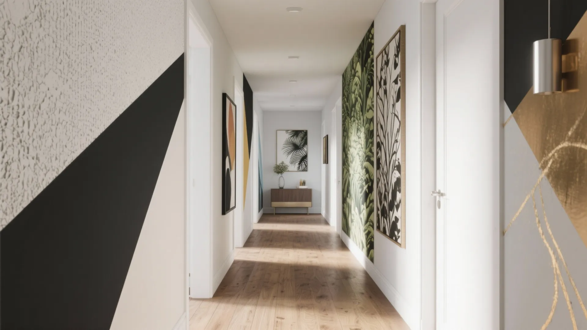 Modern hallway with wooden floor plus decorative art wall panels and a small brown cabinet
