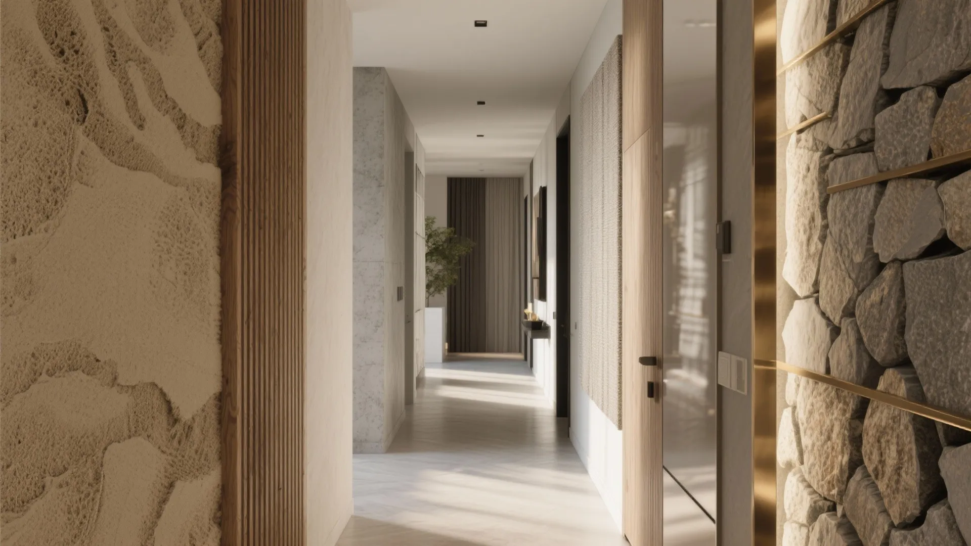 Bright hallway showing various wall textures including stone wood panel and clean white interior design elements