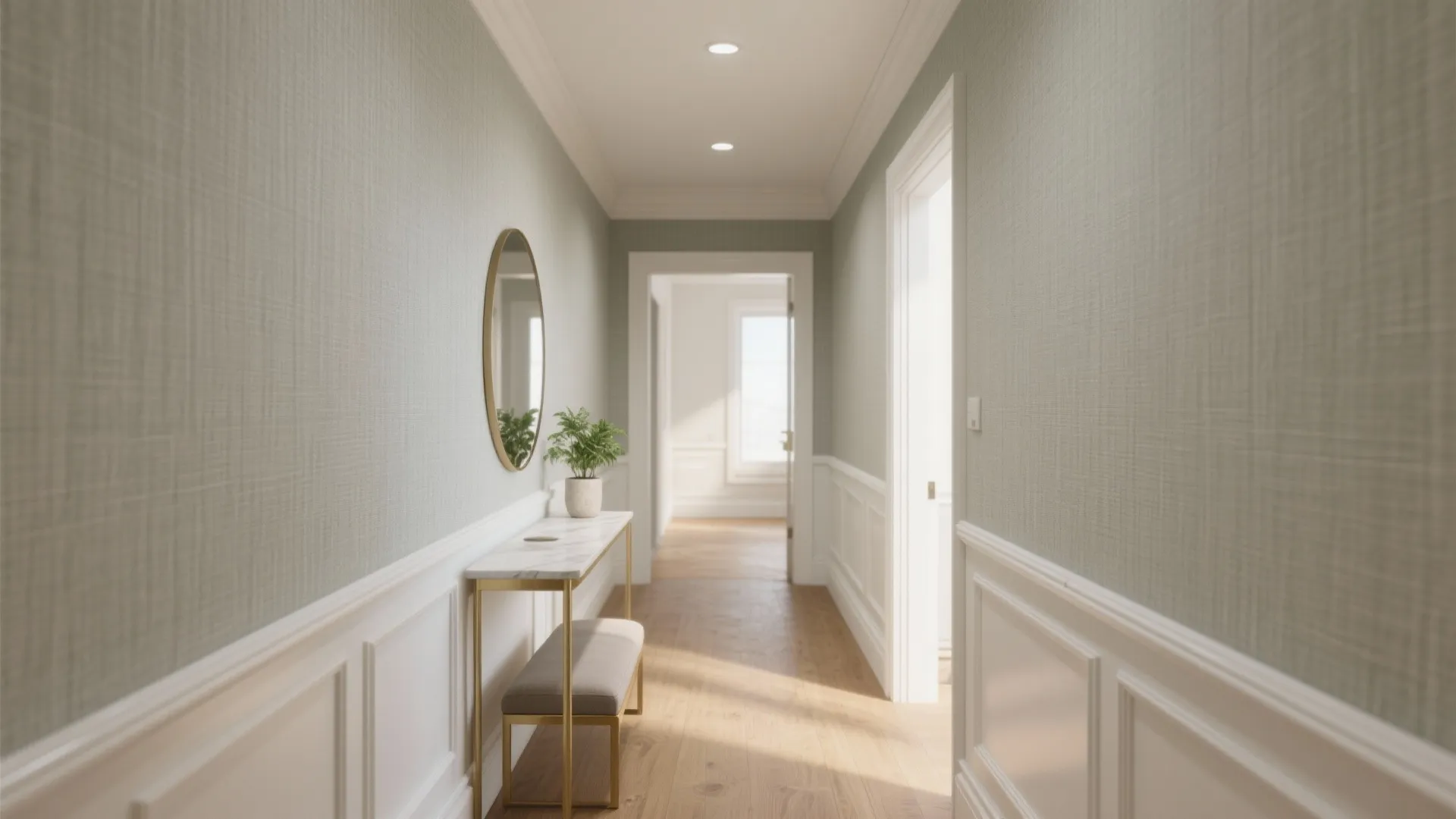 Bright hallway featuring green wallpaper white wall panel round mirror marble table and a small footrest