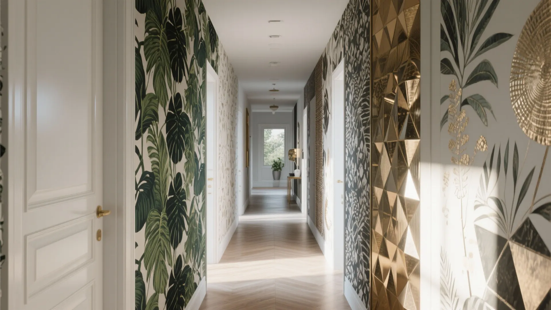 Long hallway showing different wallpaper designs including green leaves gold geometric shapes and white doors