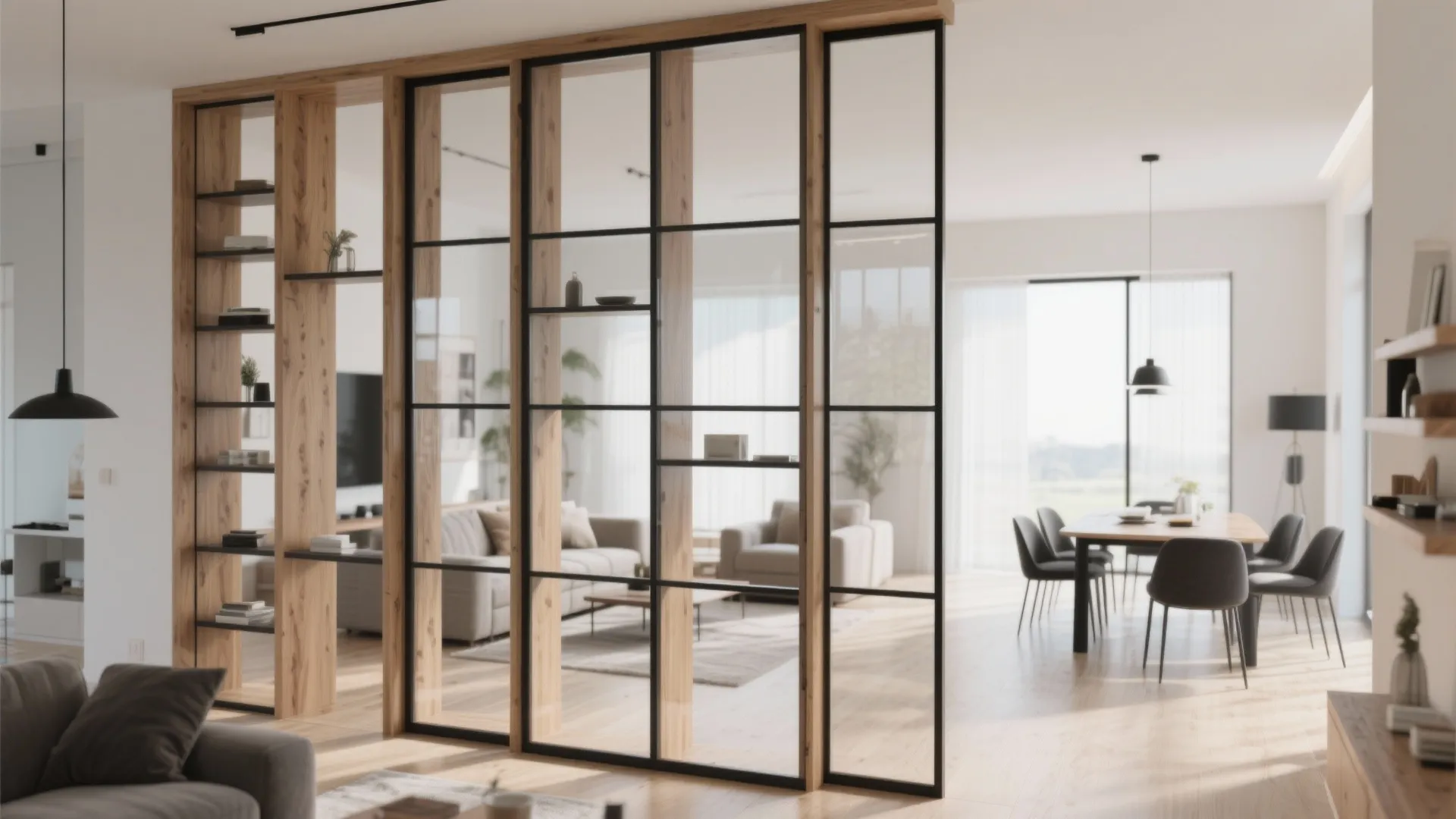 Open Wood-and-Glass Divider for Zoning