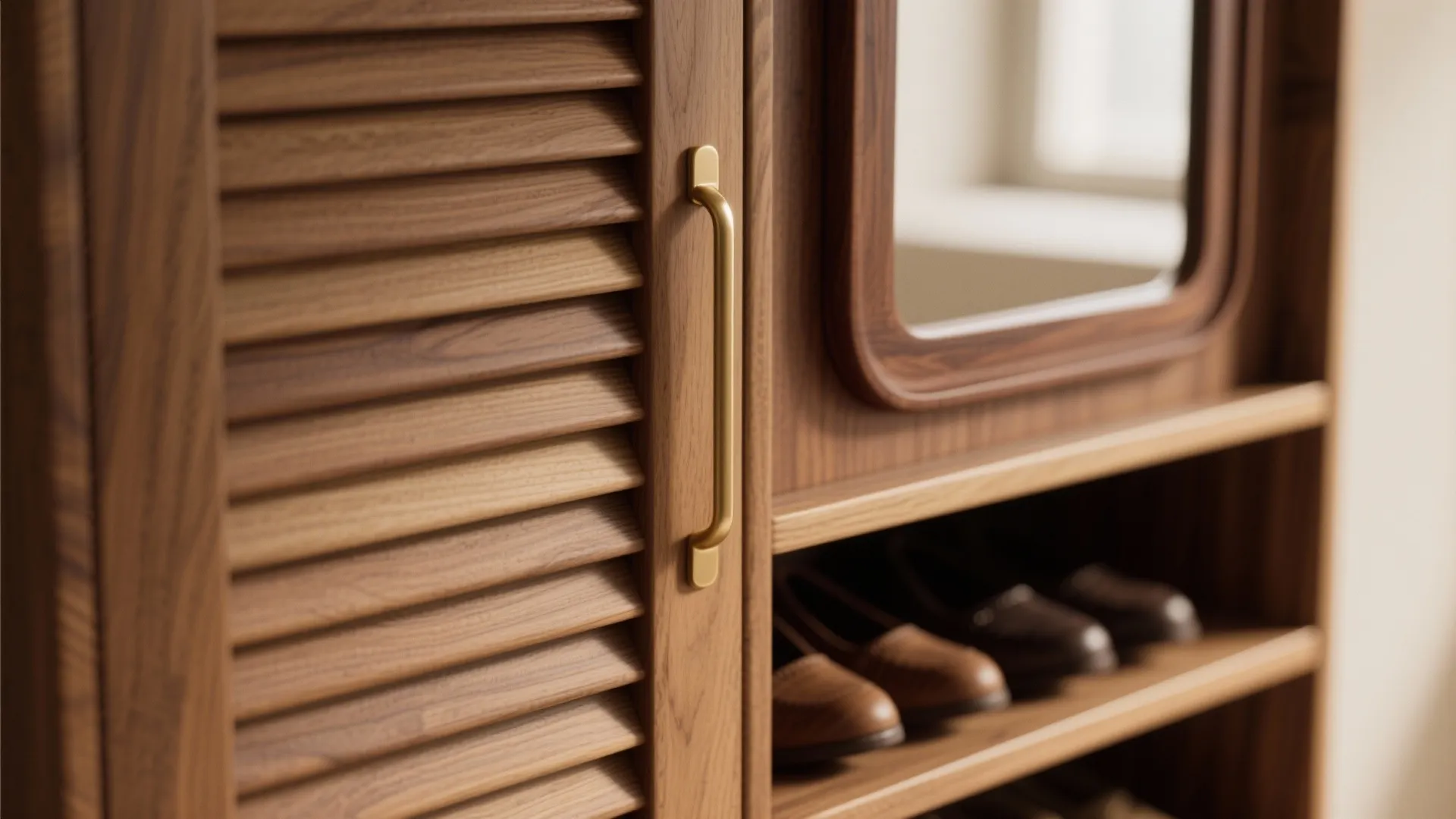 Close up of a wooden shoe cabinet with gold handle, slatted door, and internal storage