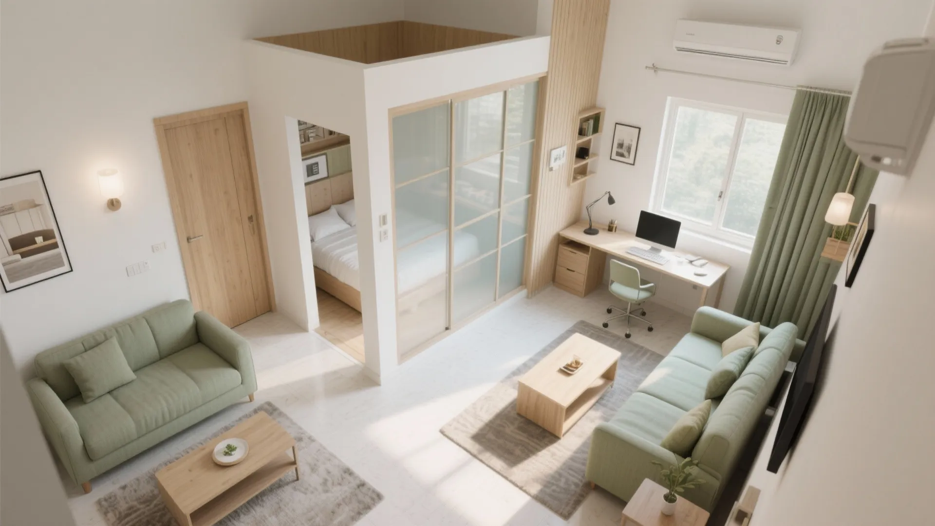 Small apartment interior design drawing with green sofa wood desk bed area and light wood furniture