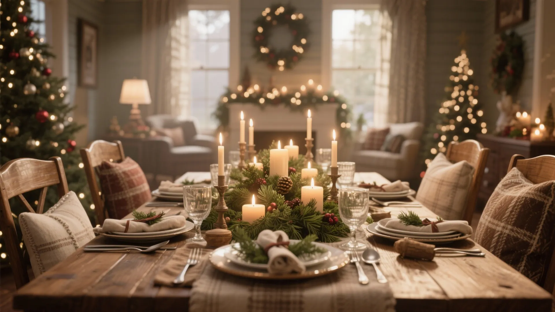 Festive wooden dining table with lit candles green garland plates and a decorated Christmas tree
