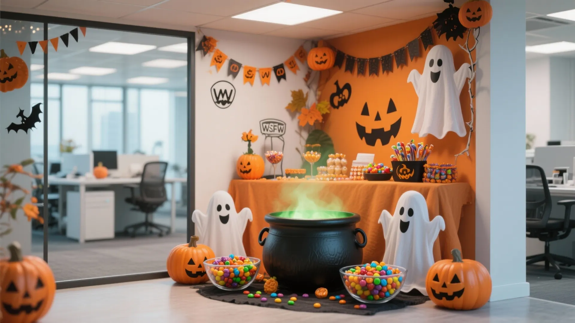 Halloween candy station in office featuring ghosts pumpkins a black pot and many sweet treats