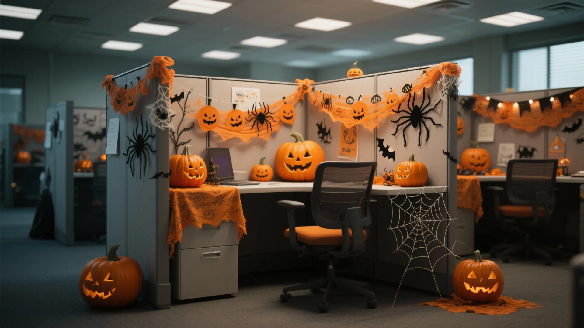 Office cubicle decorated with orange pumpkins spider webs and hanging bats for a Halloween theme