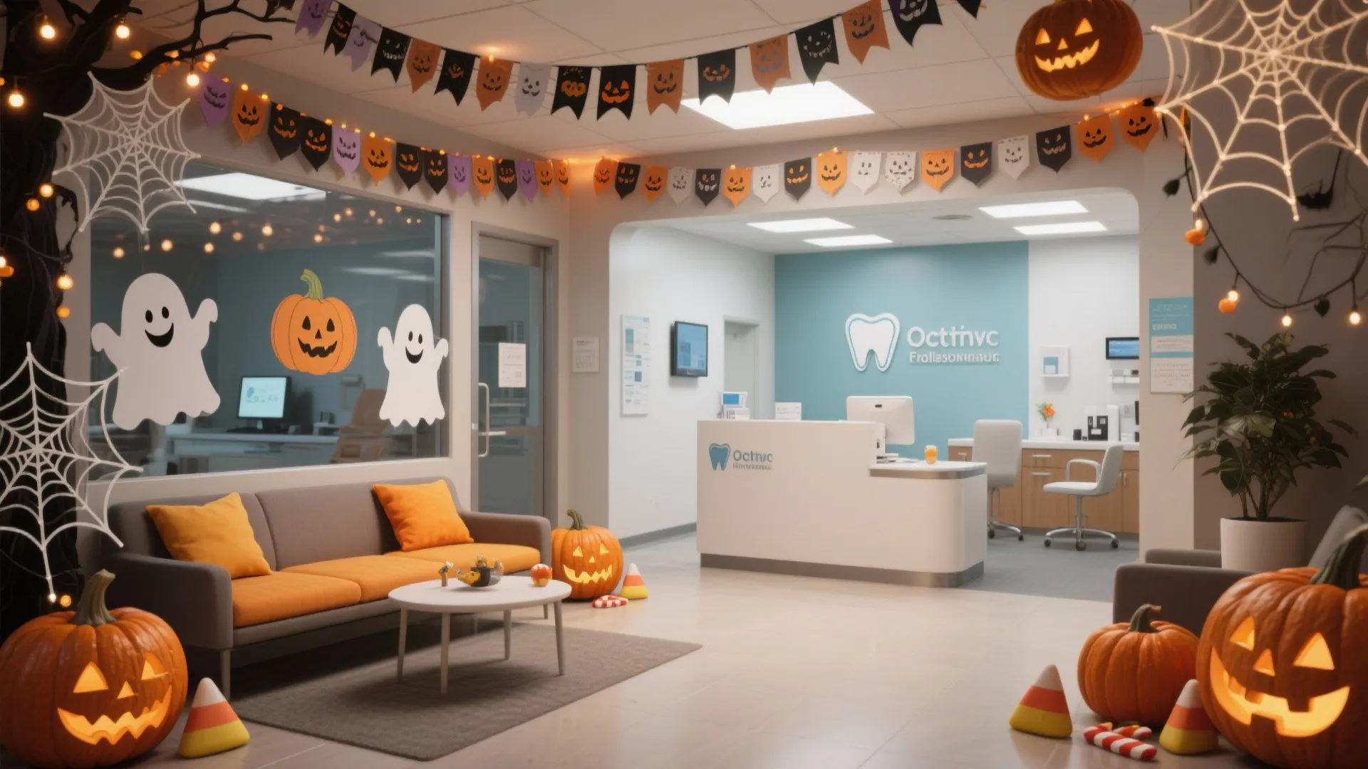 Modern dental clinic waiting room with orange sofa pumpkin decorations spider webs and reception desk