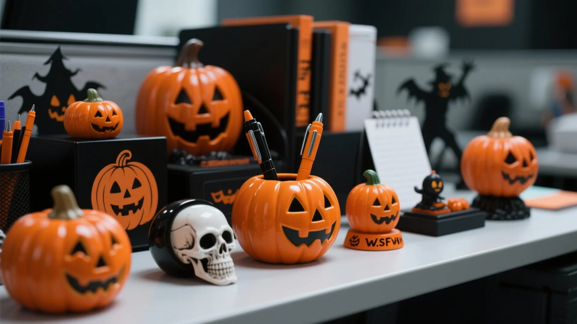 Office desk decorated with pumpkin shaped pen holders skull small pumpkin figures and orange pens