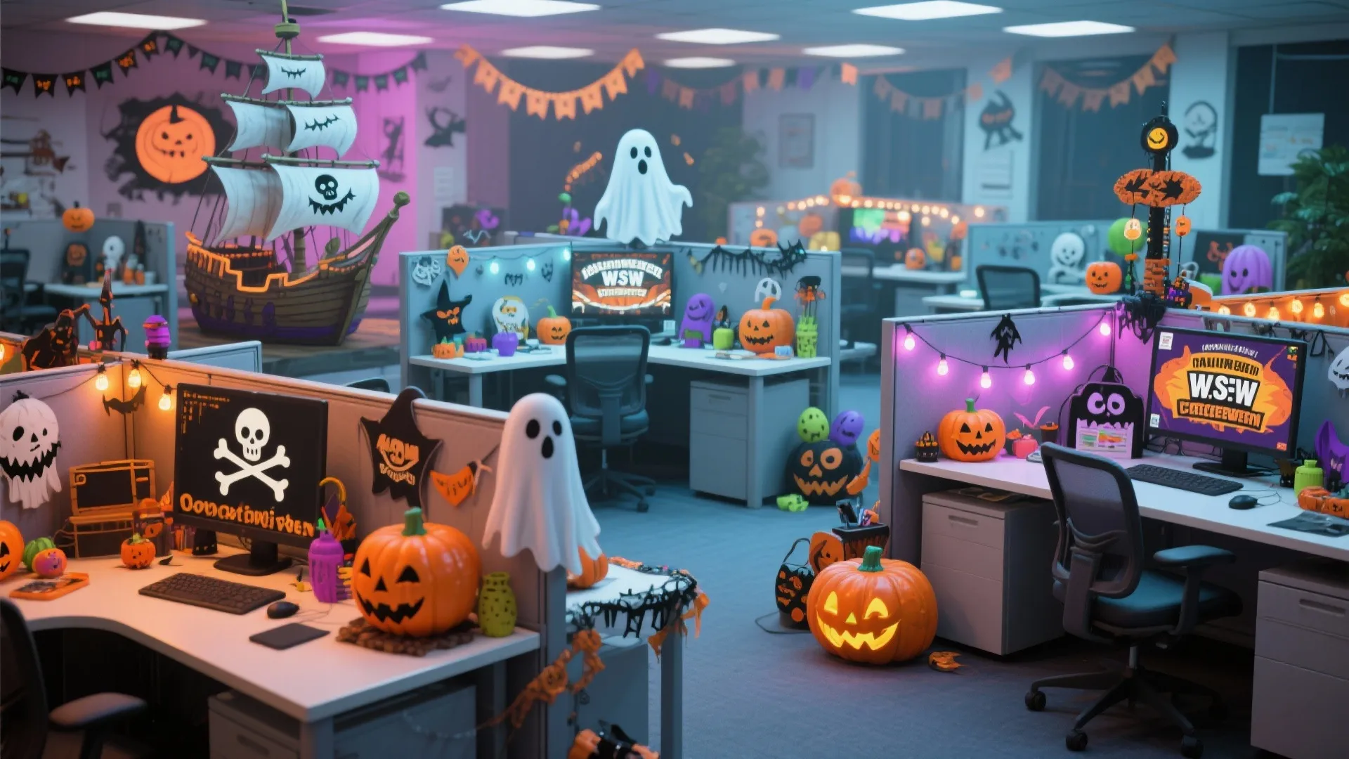 Busy office cubicles decorated for Halloween with ghost figures orange pumpkins pirate ship and lights