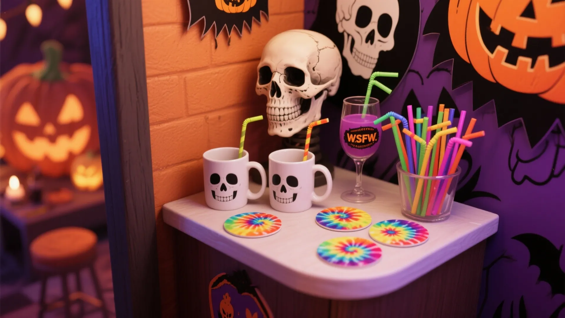 Halloween drink station featuring skull mugs purple drinks colorful straws and skull decorations on a counter