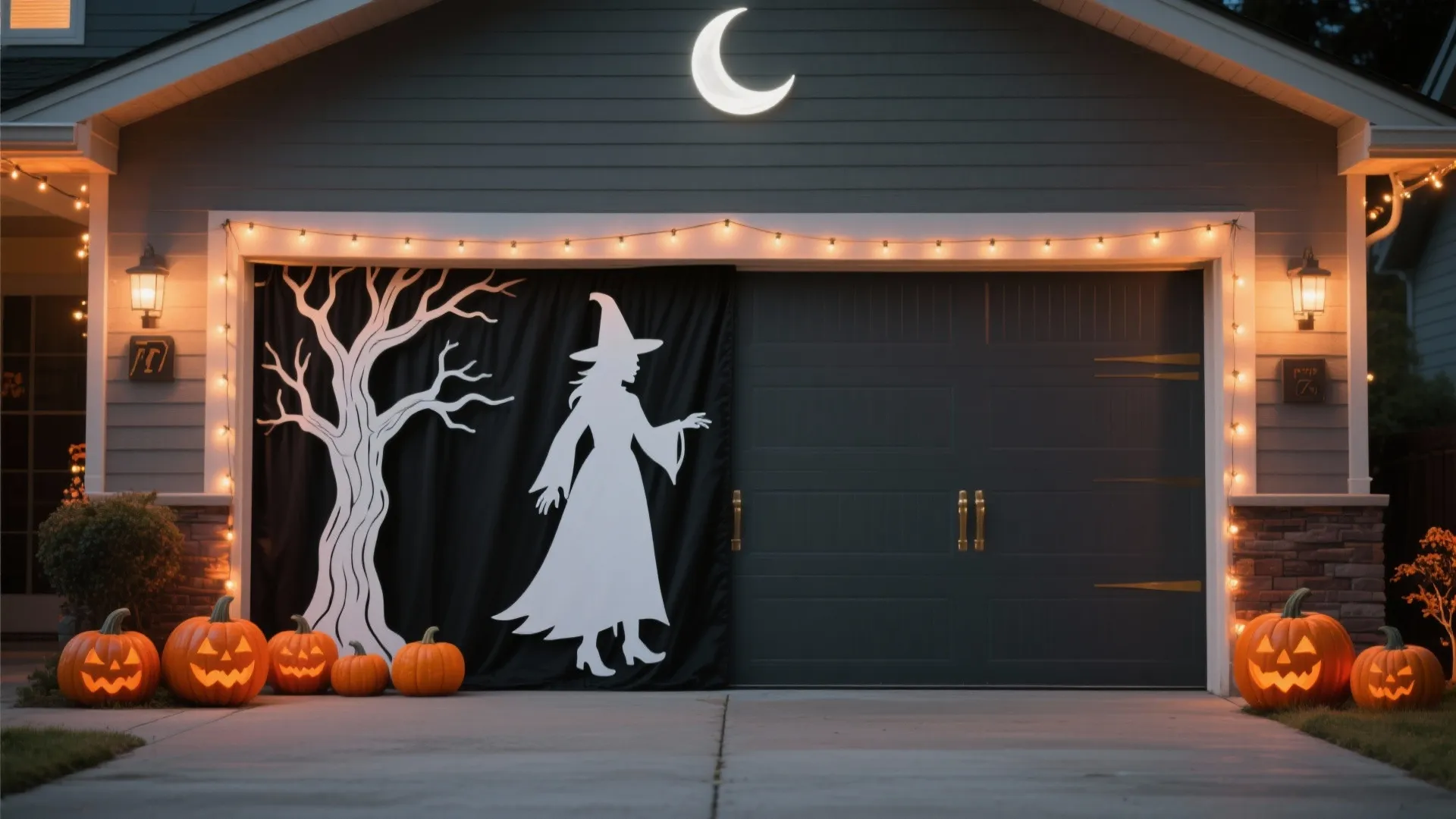 Halloween garage decoration featuring a white witch backdrop, glowing orange pumpkins, and warm string lights