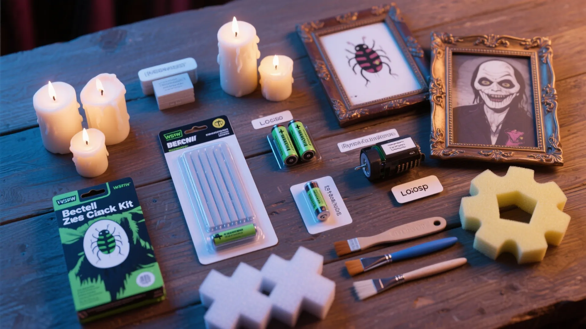 Wooden table with lit candles spooky portrait frames batteries brushes and themed creative craft kit