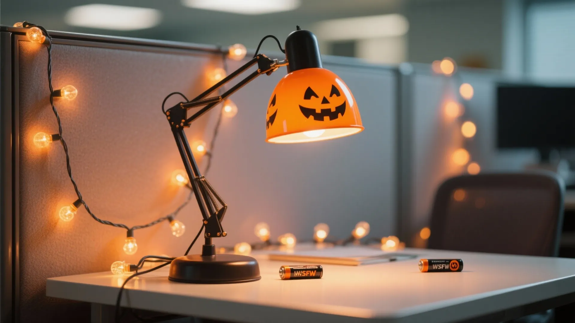 Black desk light with a pumpkin face shade and warm string lights on a desk
