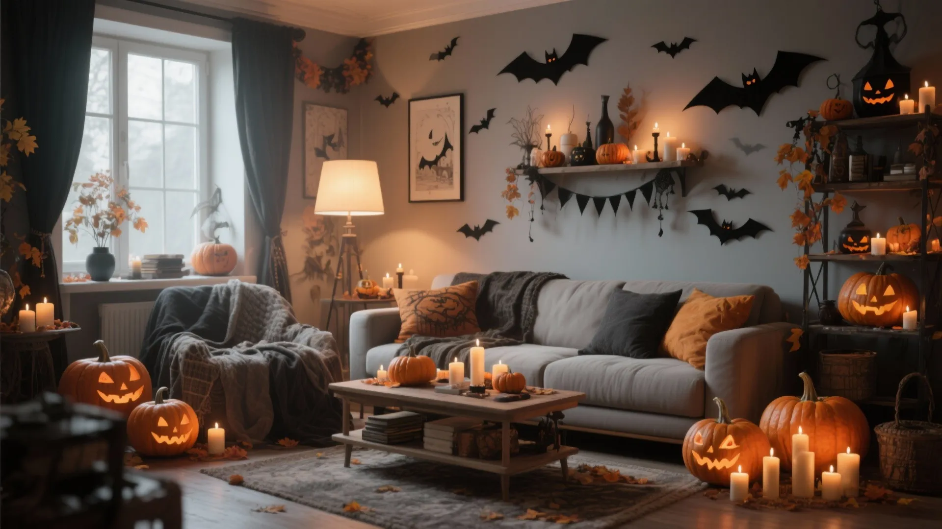 Halloween living room with orange pumpkins candles bat wall stickers grey sofa and warm floor lamp