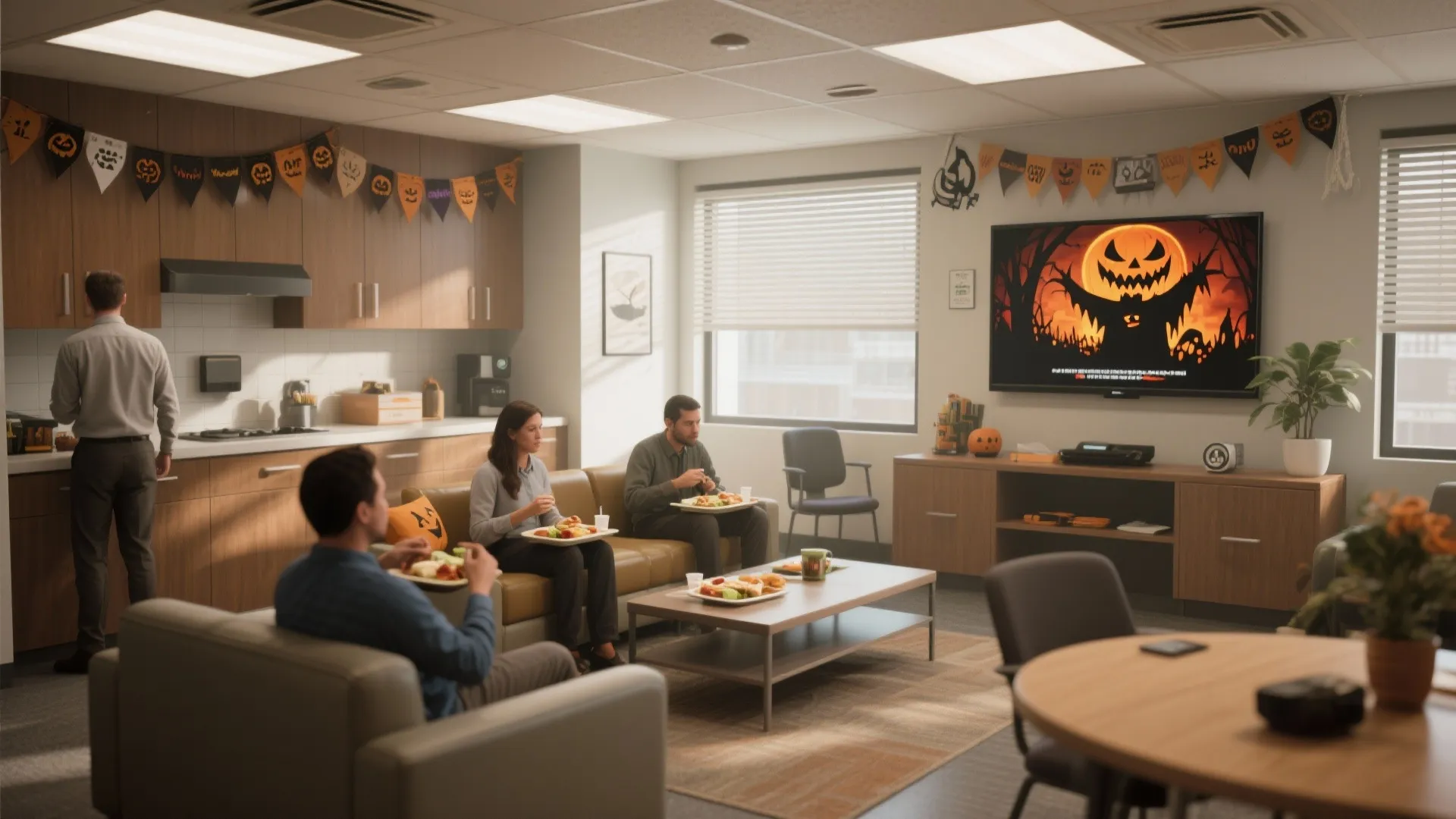 Office break room with Halloween movie on TV