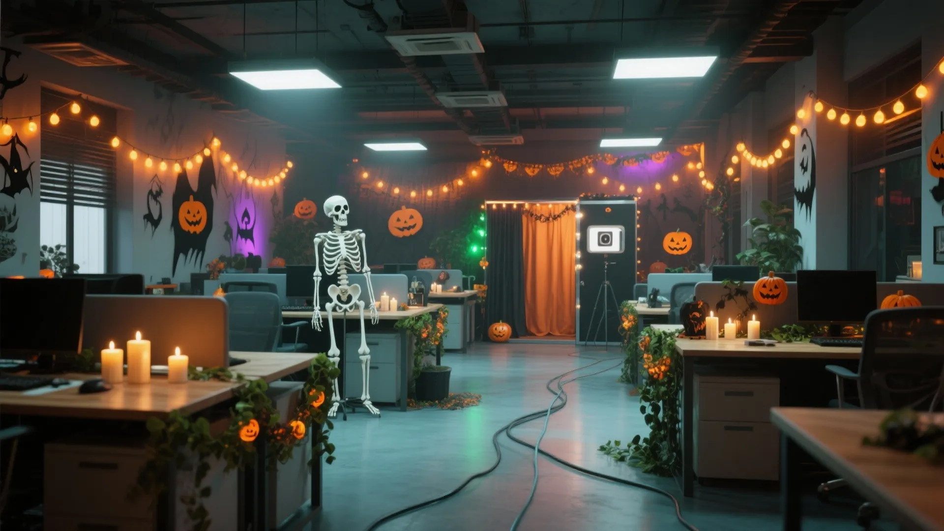Office interior with a skeleton display hanging string lights pumpkins and candles for Halloween theme