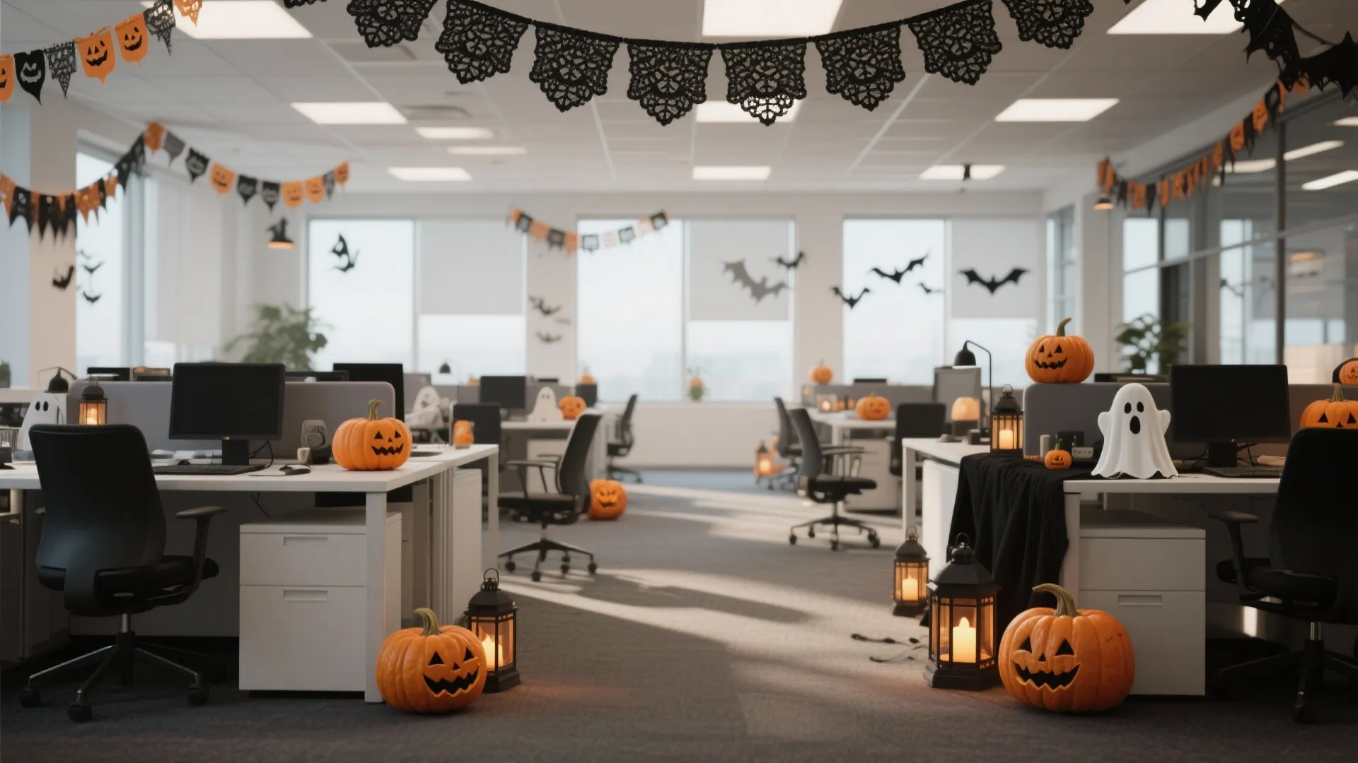 Spacious office interior decorated with pumpkins lanterns ghost figures and black banners for Halloween season