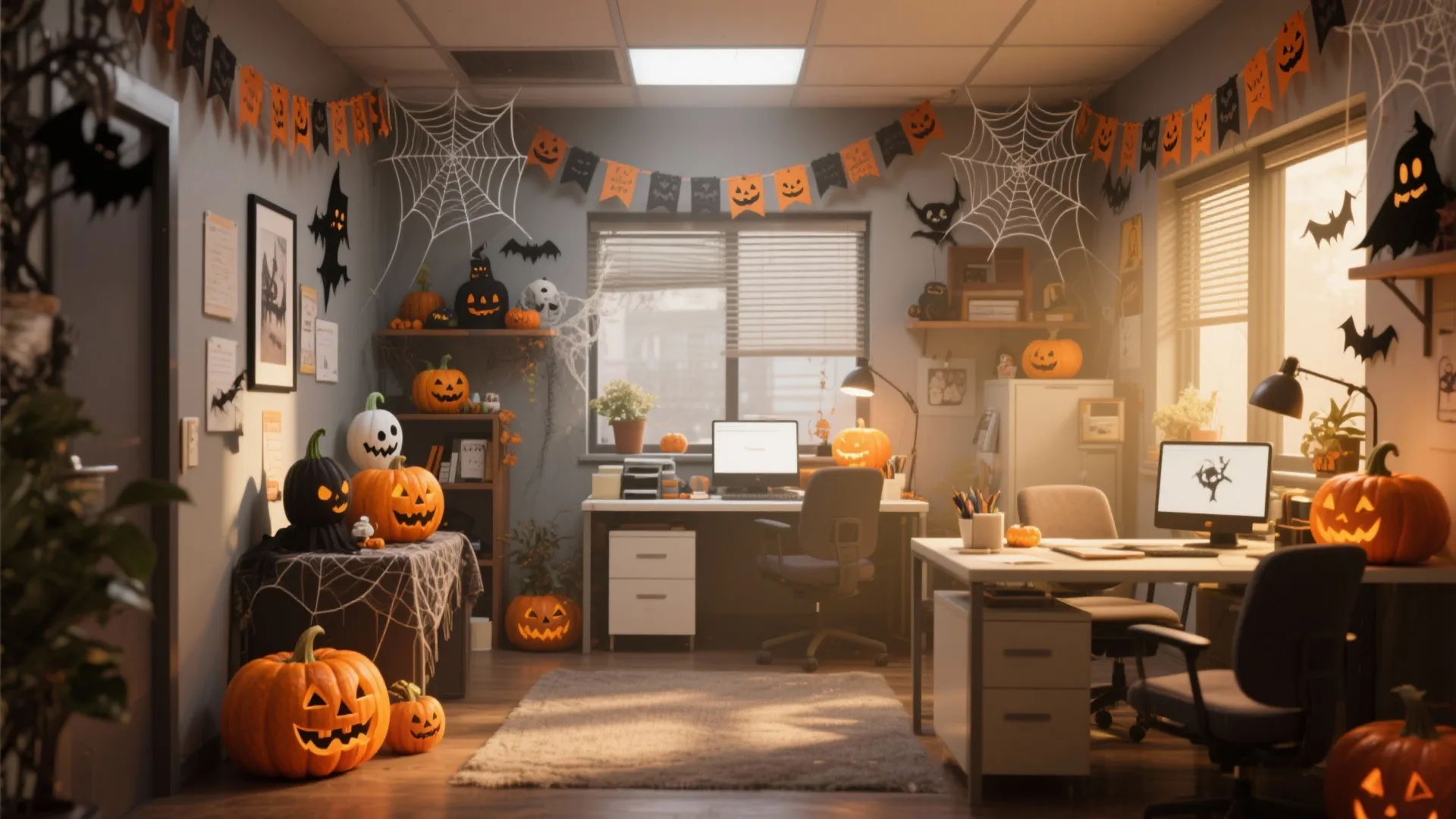 Office room layout decorated for Halloween with carved pumpkins spider webs bats and orange banners