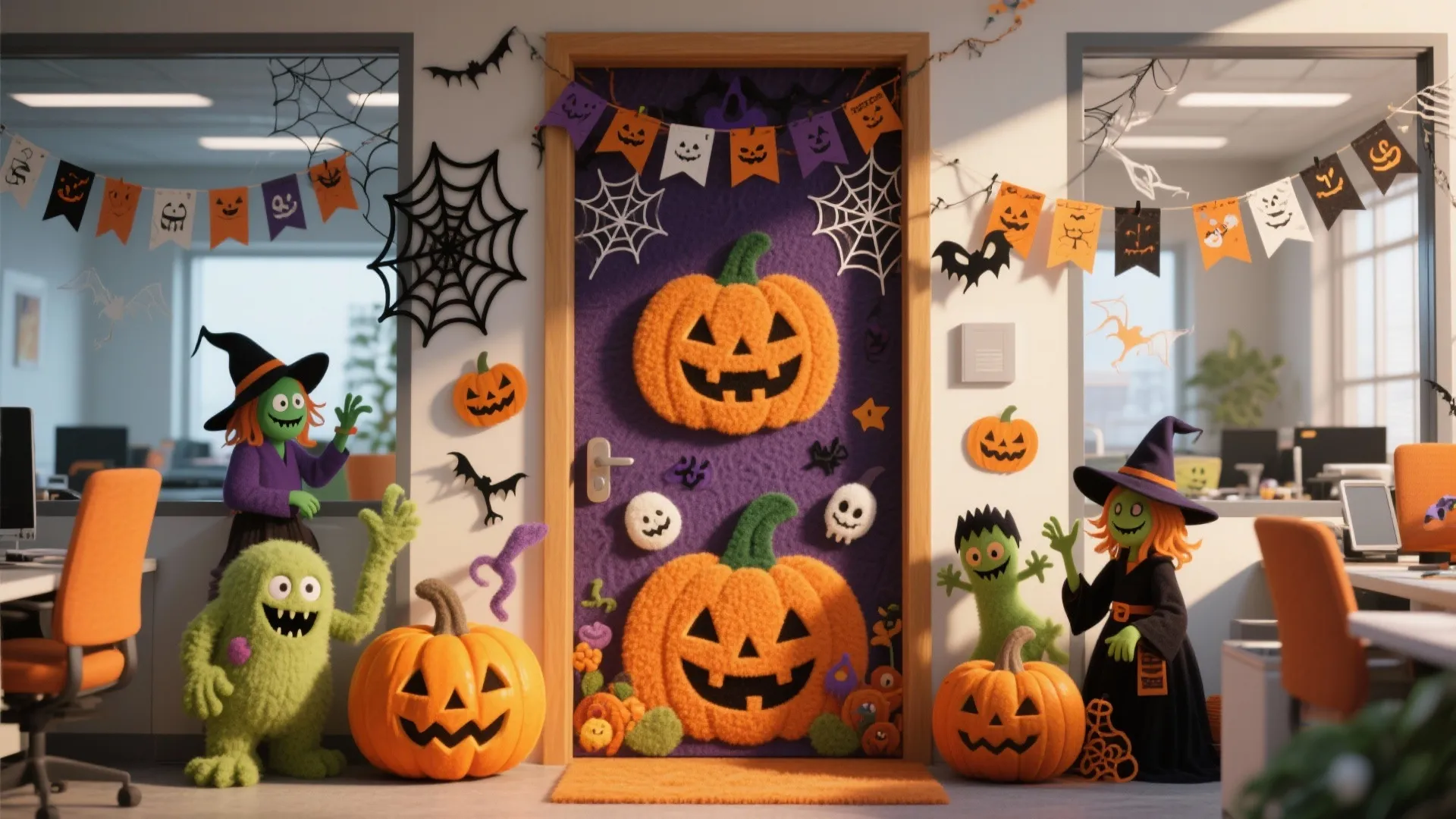 Office door and walls decorated for Halloween with pumpkins monsters spider webs and colorful banners