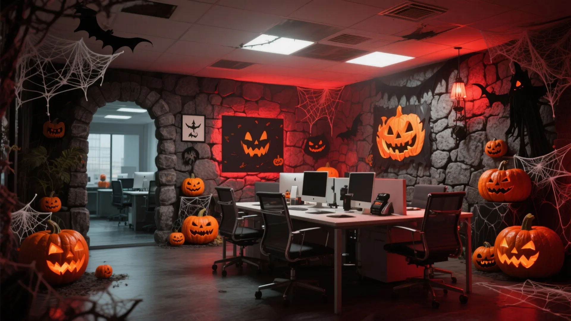 Modern office workspace decorated for Halloween with stone walls carved pumpkins spider webs and red lighting