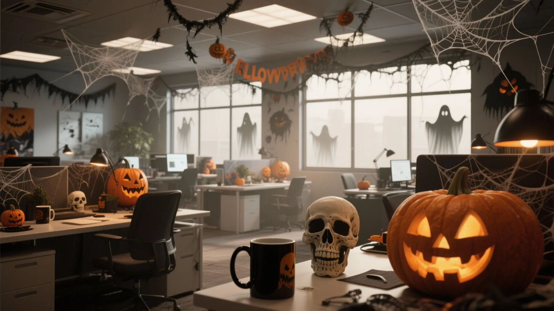 Office interior decorated for Halloween with carved pumpkins spider webs skulls and ghost window stickers