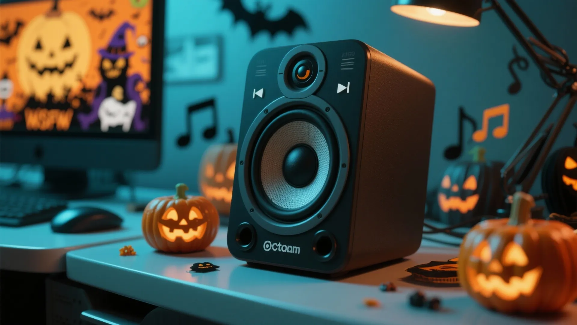 Close-up of a speaker with Halloween decorations in office