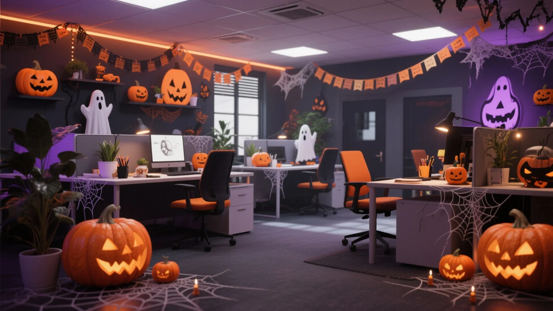 Modern office interior decorated for Halloween with pumpkins and ghosts on desks under warm purple lights