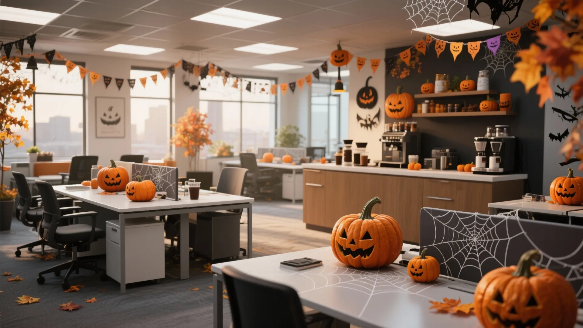 Modern open plan office interior decorated with pumpkins and black bats for a halloween party