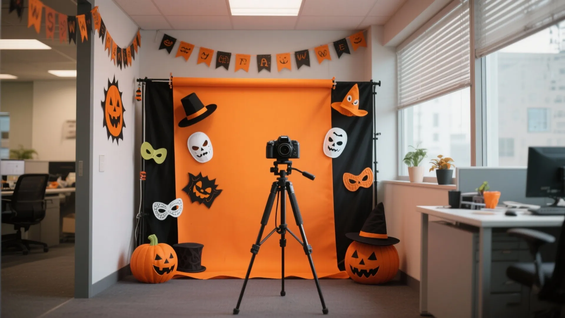 Halloween photo booth in office with orange backdrop camera on tripod pumpkins and spooky masks