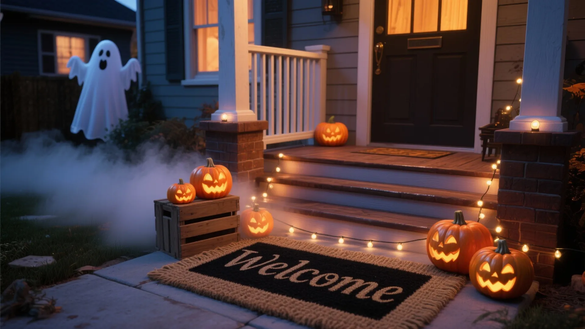 Halloween decorated porch with glowing pumpkins a ghost figure string lights and a welcome mat