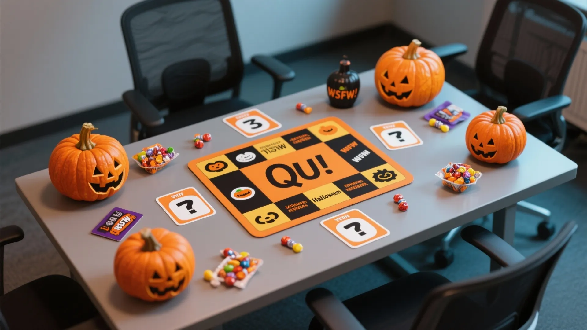 Meeting room table with Halloween board game cards carved pumpkins small candies and black office chairs