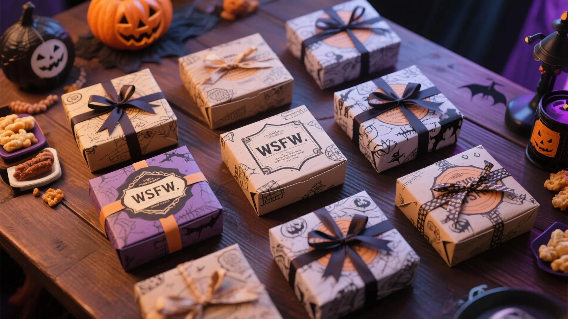 Wooden table top with several wrapped Halloween snack boxes tied with ribbons and carved pumpkin decorations