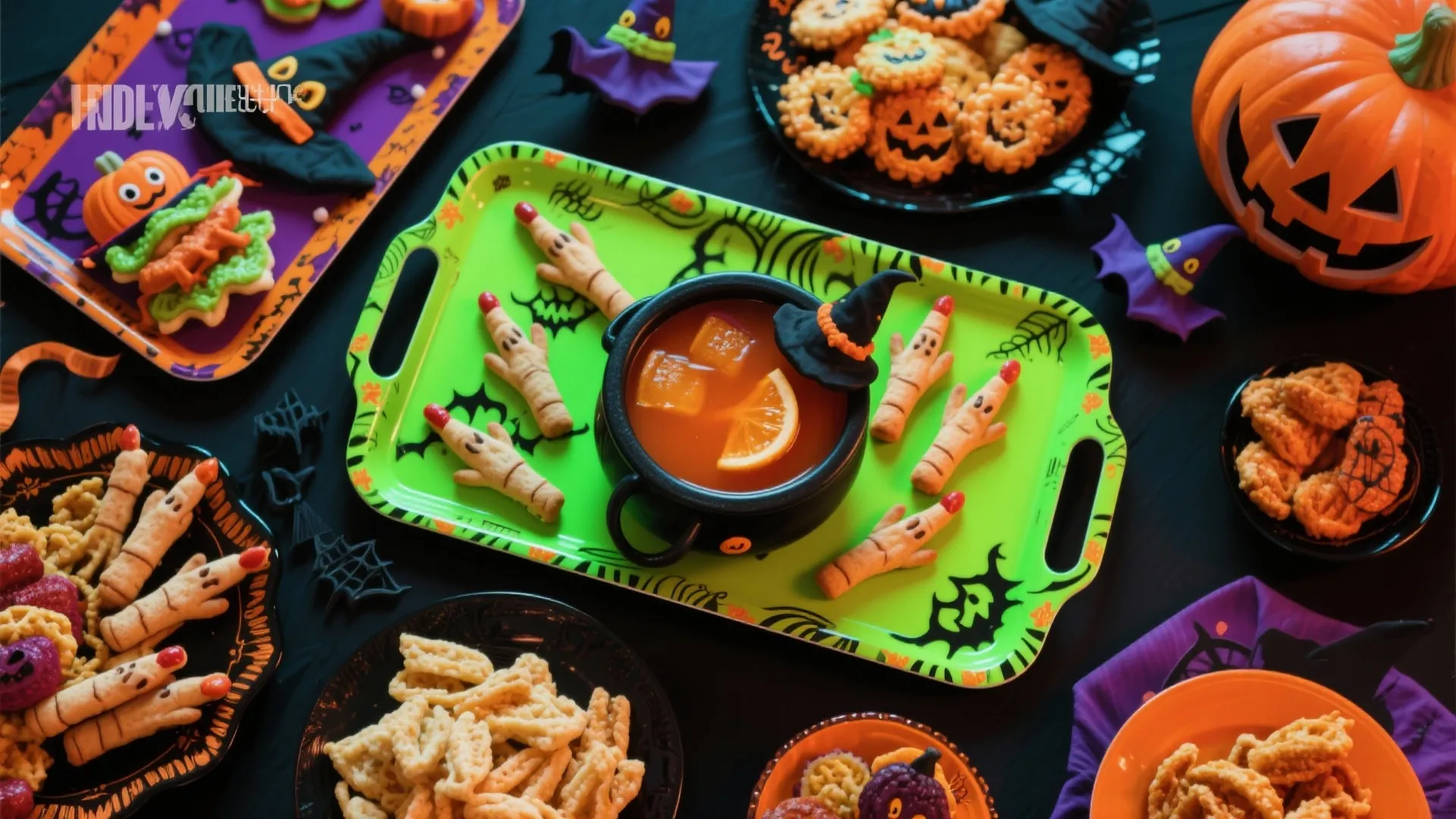 Table top view of spooky Halloween snacks featuring finger shaped cookies and orange punch drink