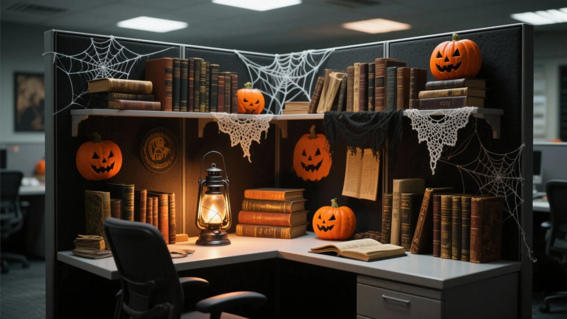 Halloween themed office desk with carved pumpkins books white spider webs and a lit lantern