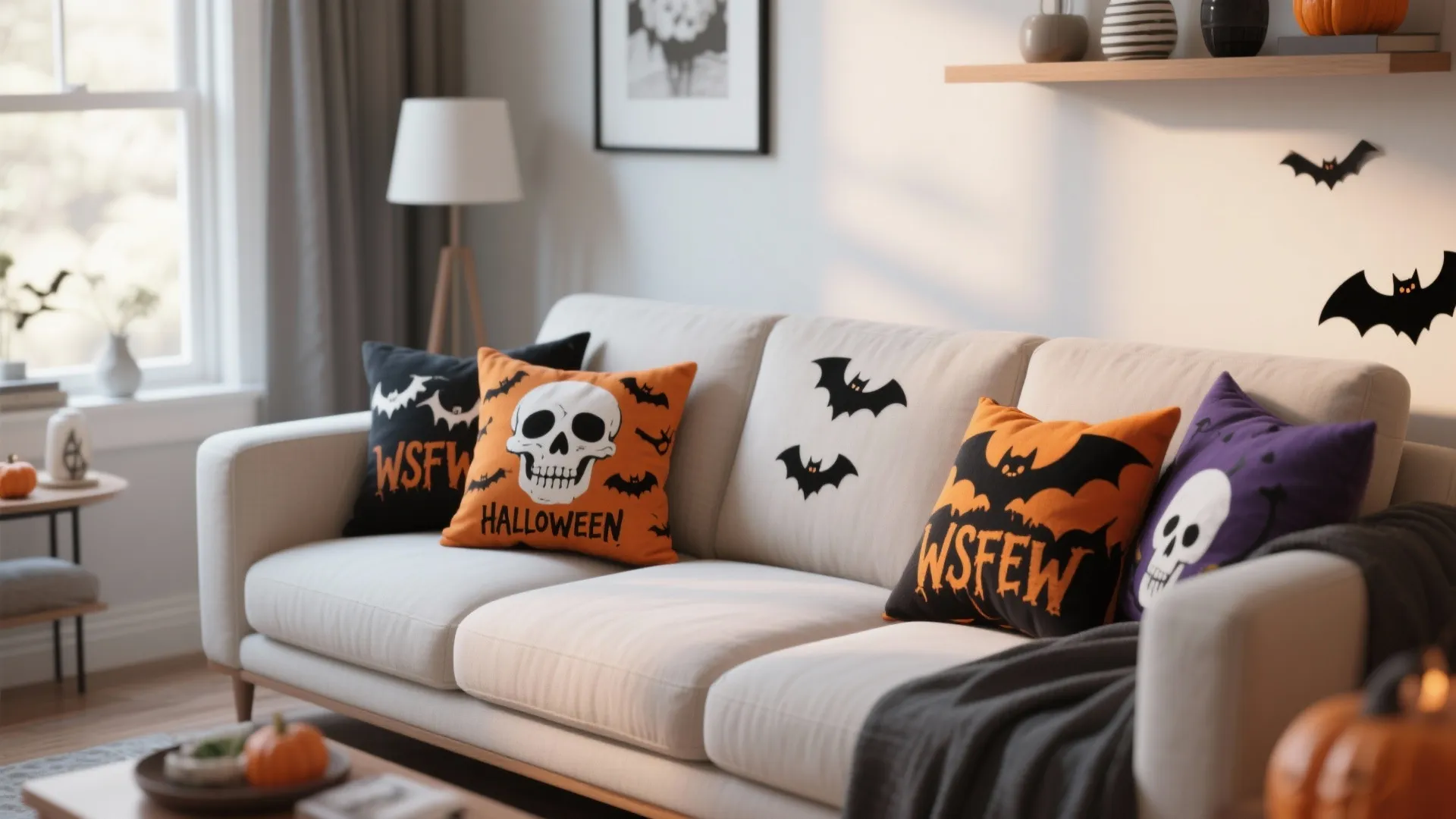 White sofa with Halloween pillows showing skulls and bats next to a floor lamp indoors