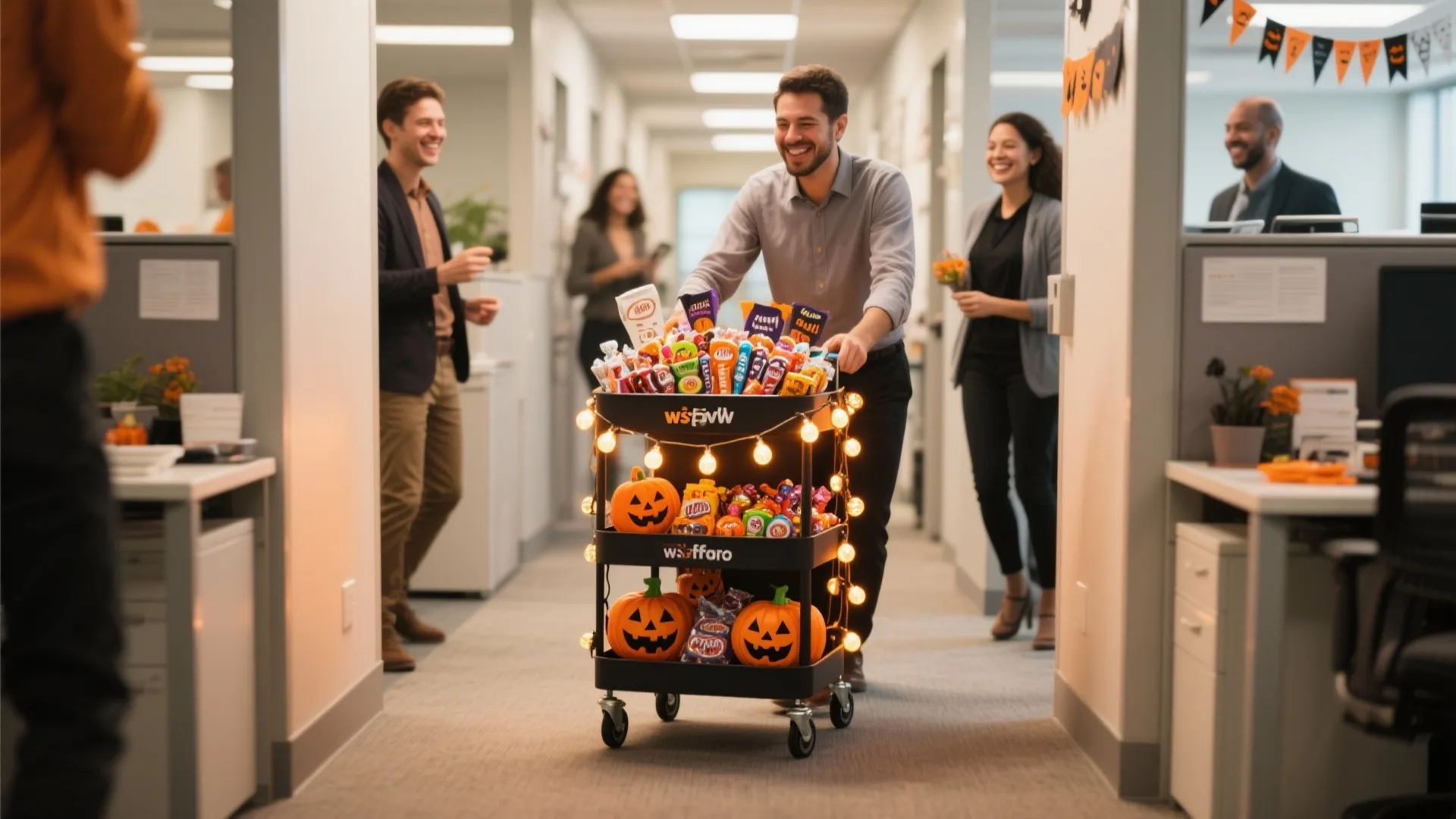 Happy office employees gathering around a black snack cart decorated with lights and carved pumpkins
