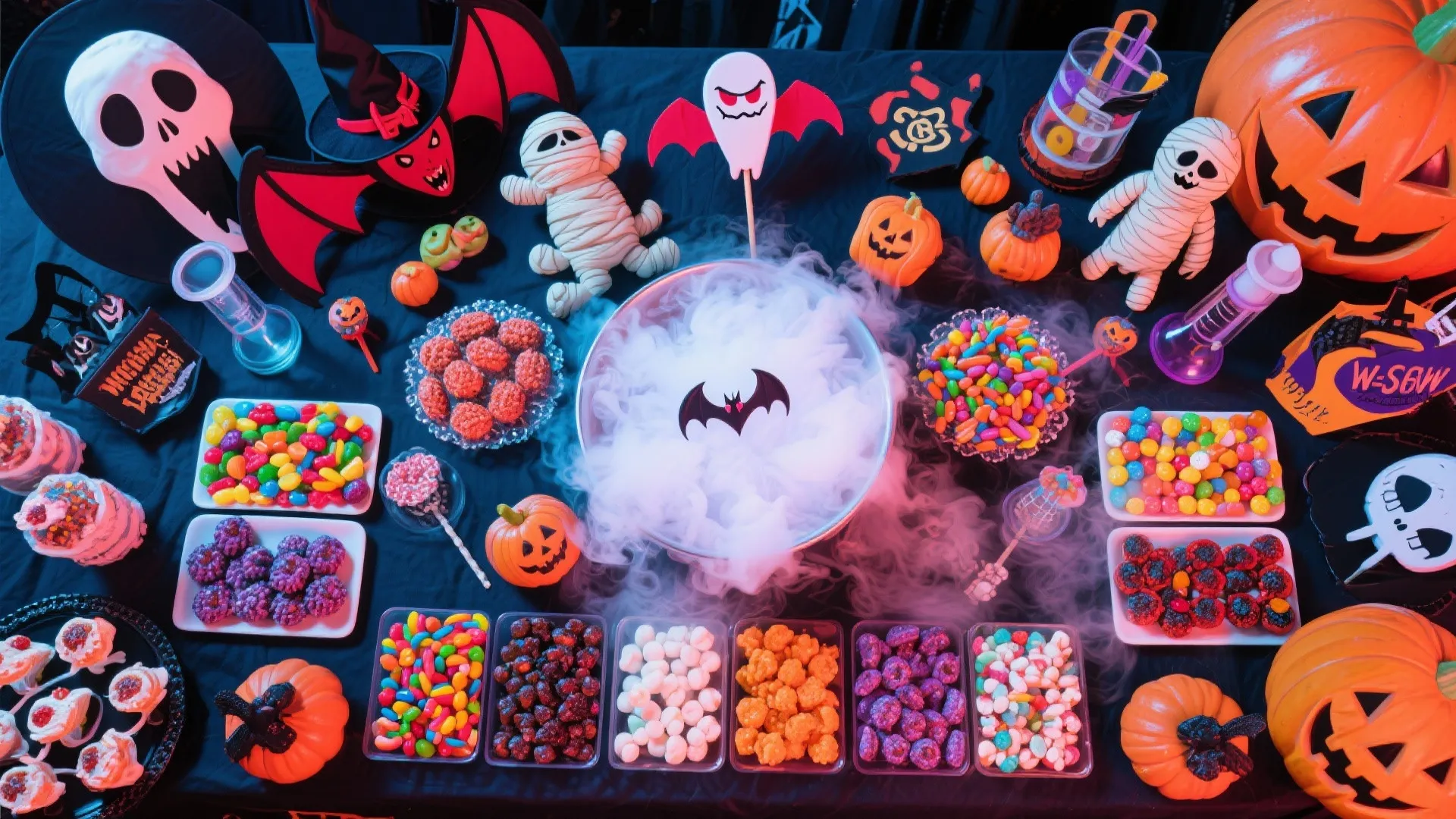 Table set with Halloween candy bowls pumpkins mummies and a smoking cauldron with bat decorations